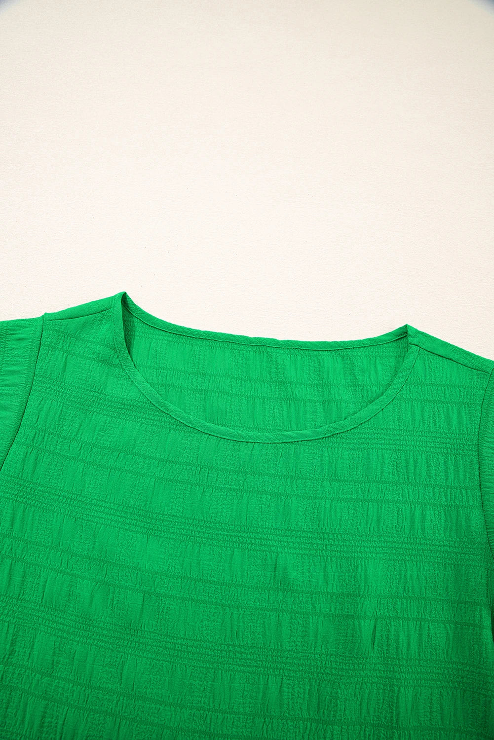 Green Textured Ruffled Sleeve Round Neck Top