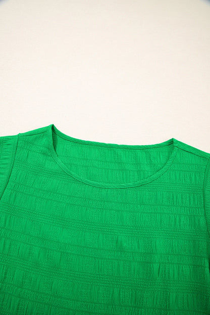 Green Textured Ruffled Sleeve Round Neck Top