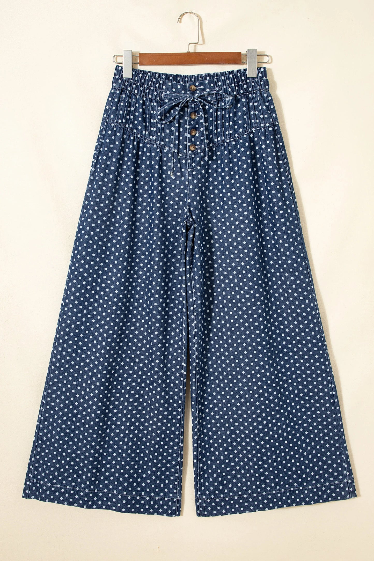 Sky Blue Polka Dot Print Button Pleated Detail Wide Leg Jeans