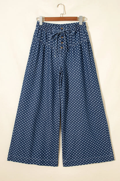 Sky Blue Polka Dot Print Button Pleated Detail Wide Leg Jeans