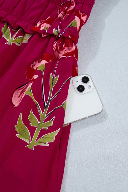 Red Floral Print Frilled V Neck Short Sleeve Ruffle Maxi Dress