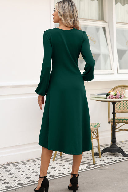 Solid Color Ruched Detail Long Sleeve Midi Dress