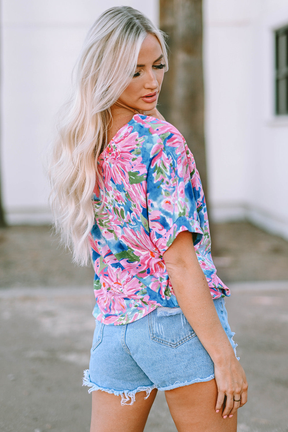 Pink Floral Print Loose Fit V Neck T Shirt