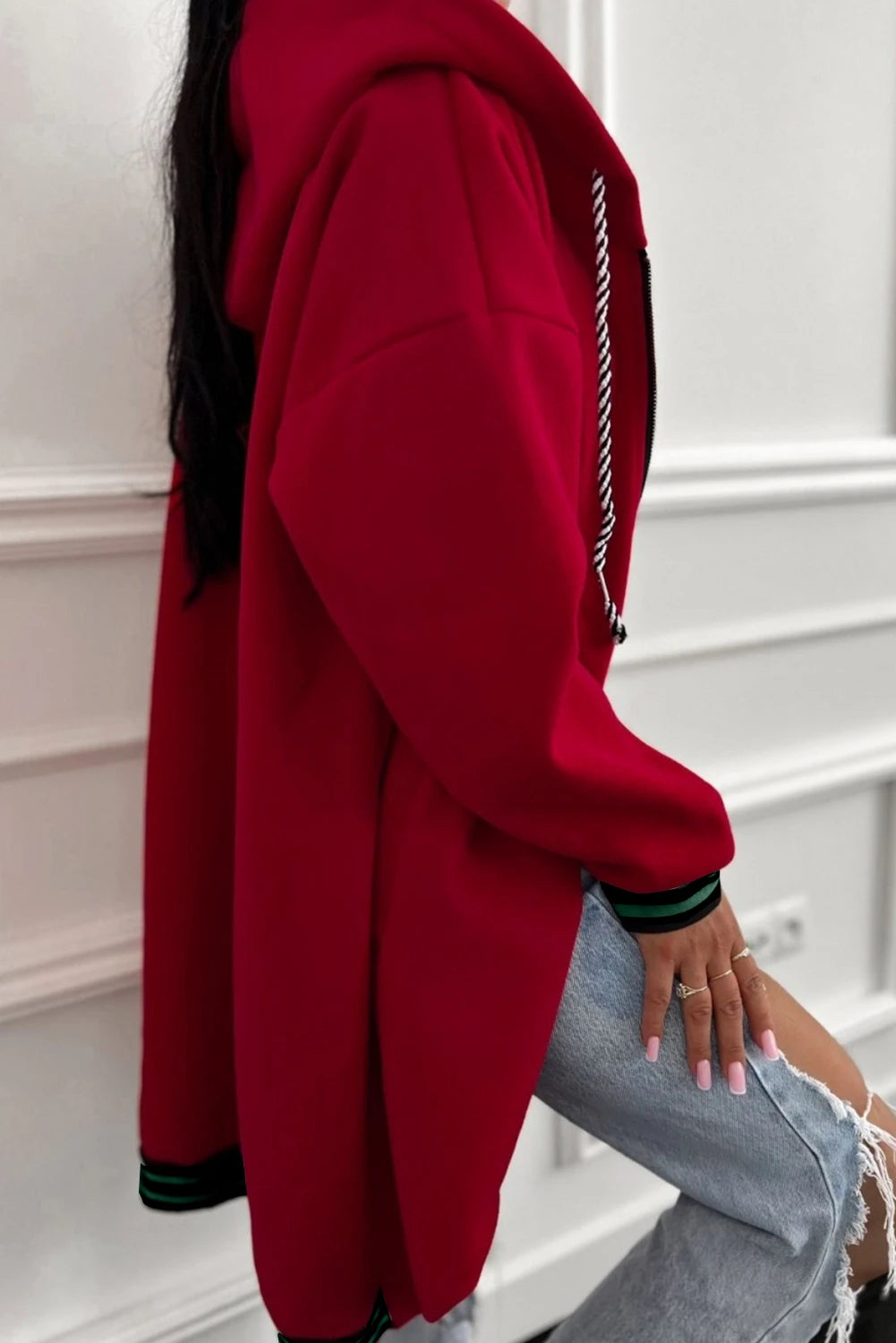 Contrast Cuffed Drop Shoulder Zip up Tunic Hoodie