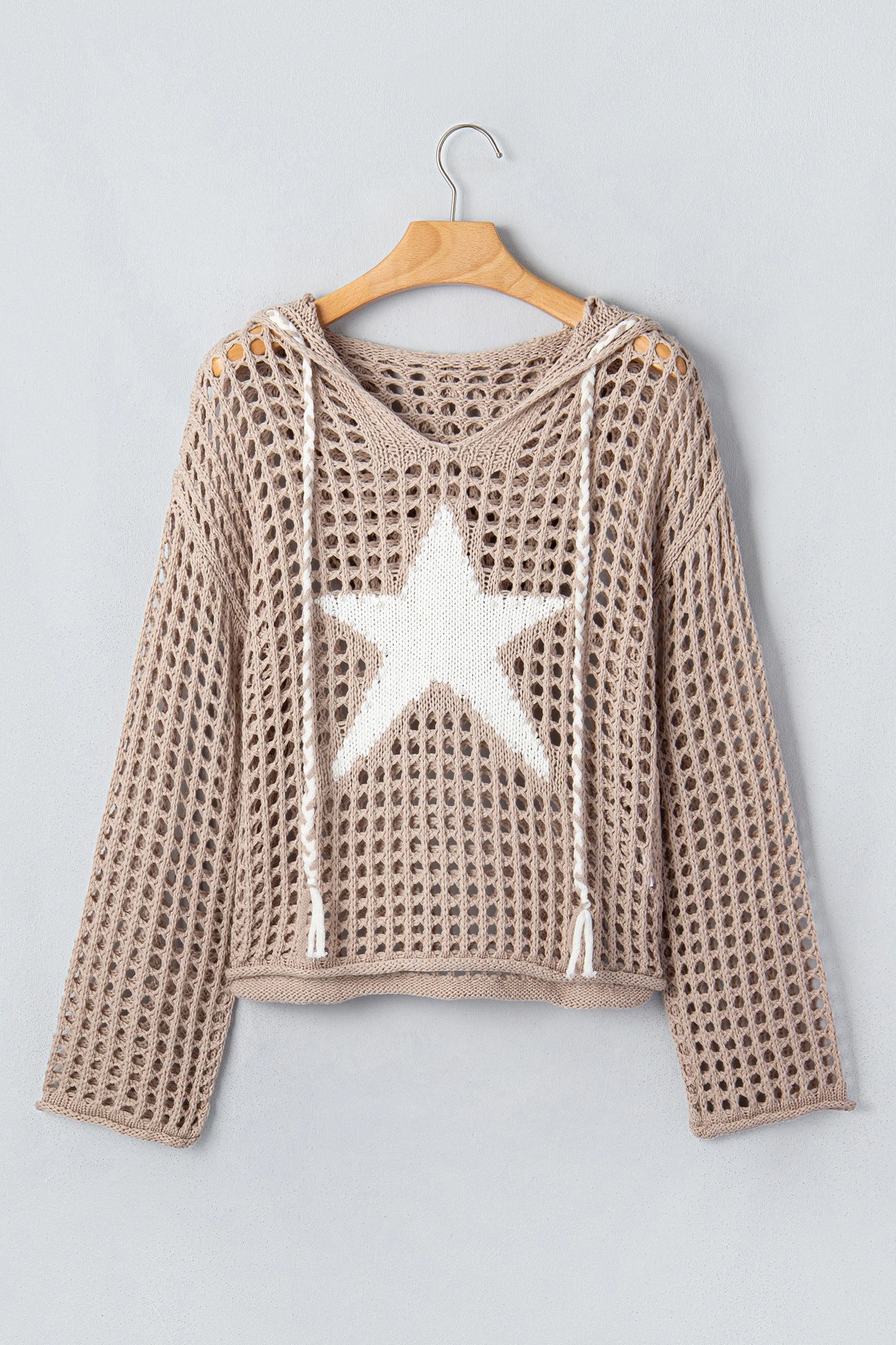 Star Pattern Crochet Hooded Drawstring Sweater
