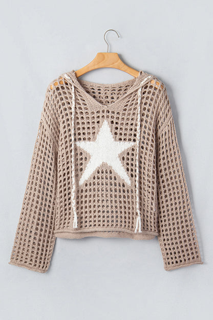 Star Pattern Crochet Hooded Drawstring Sweater