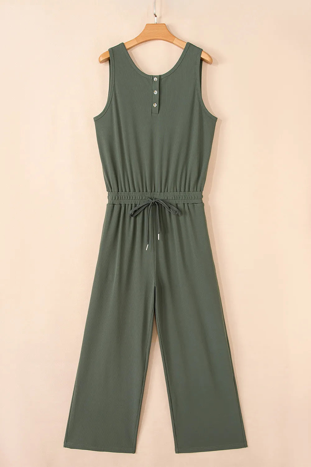 Vineyard Green Buttoned Drawstring Waist Sleeveless Wide Leg Jumpsuit