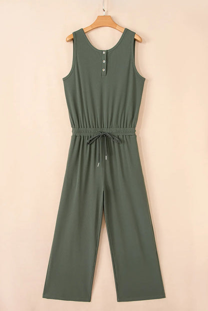 Vineyard Green Buttoned Drawstring Waist Sleeveless Wide Leg Jumpsuit