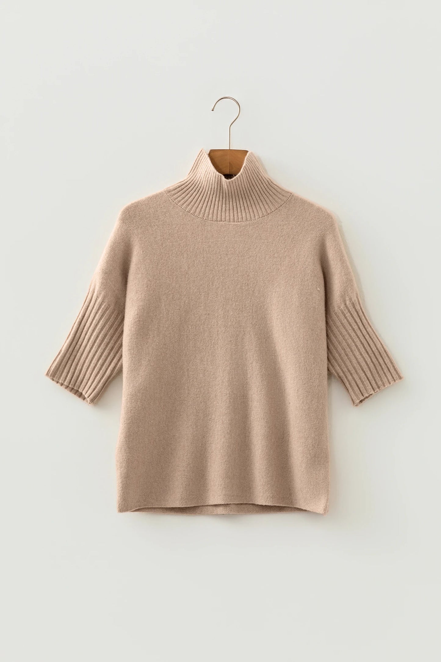Beige Ribbed Trim High Neck Short Sleeve Casual Sweater