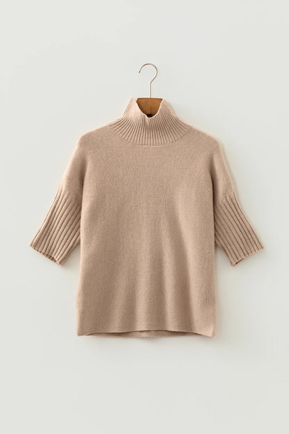Beige Ribbed Trim High Neck Short Sleeve Casual Sweater