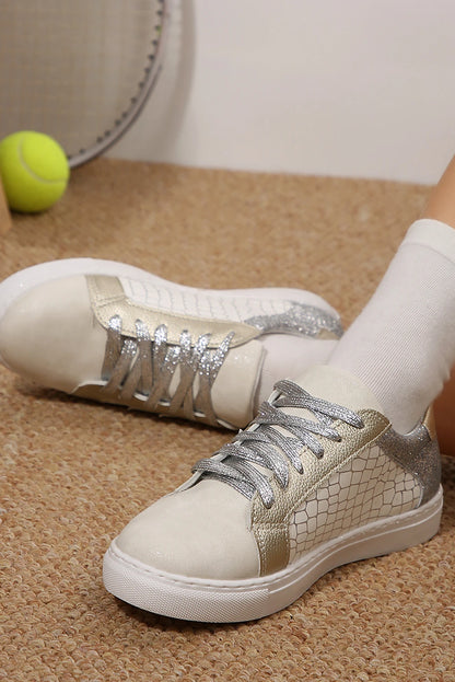 Silvery Glitter Star Patchwork PU Leather Lace-up Sneakers