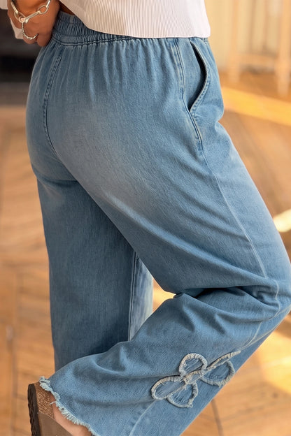 Beau Blue Frayed Floral Patch Wide Leg Raw Hem Wide Leg Jeans