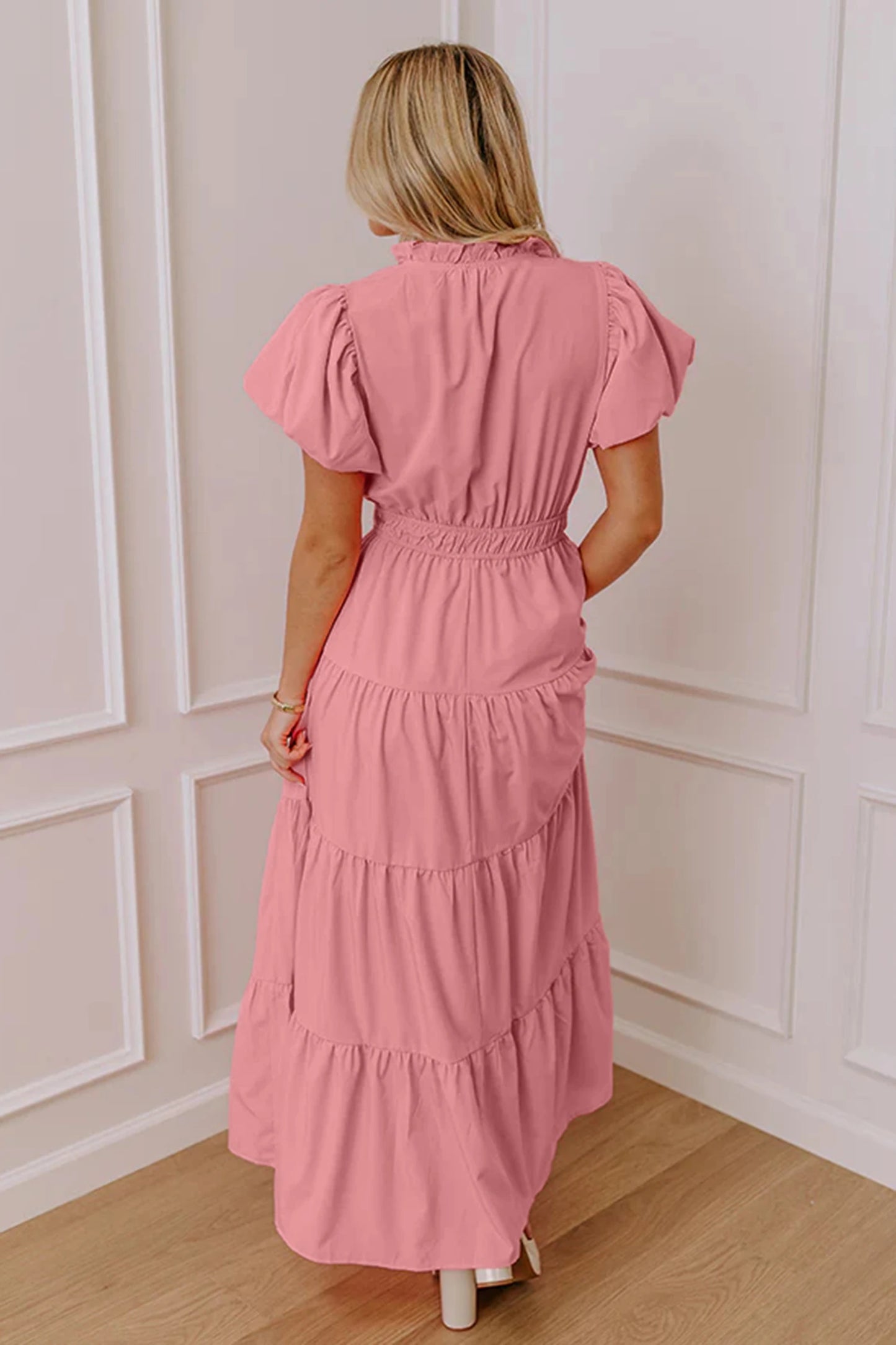 Solid Color V Neck Short Puff Sleeve High Waist Tiered Maxi Dress