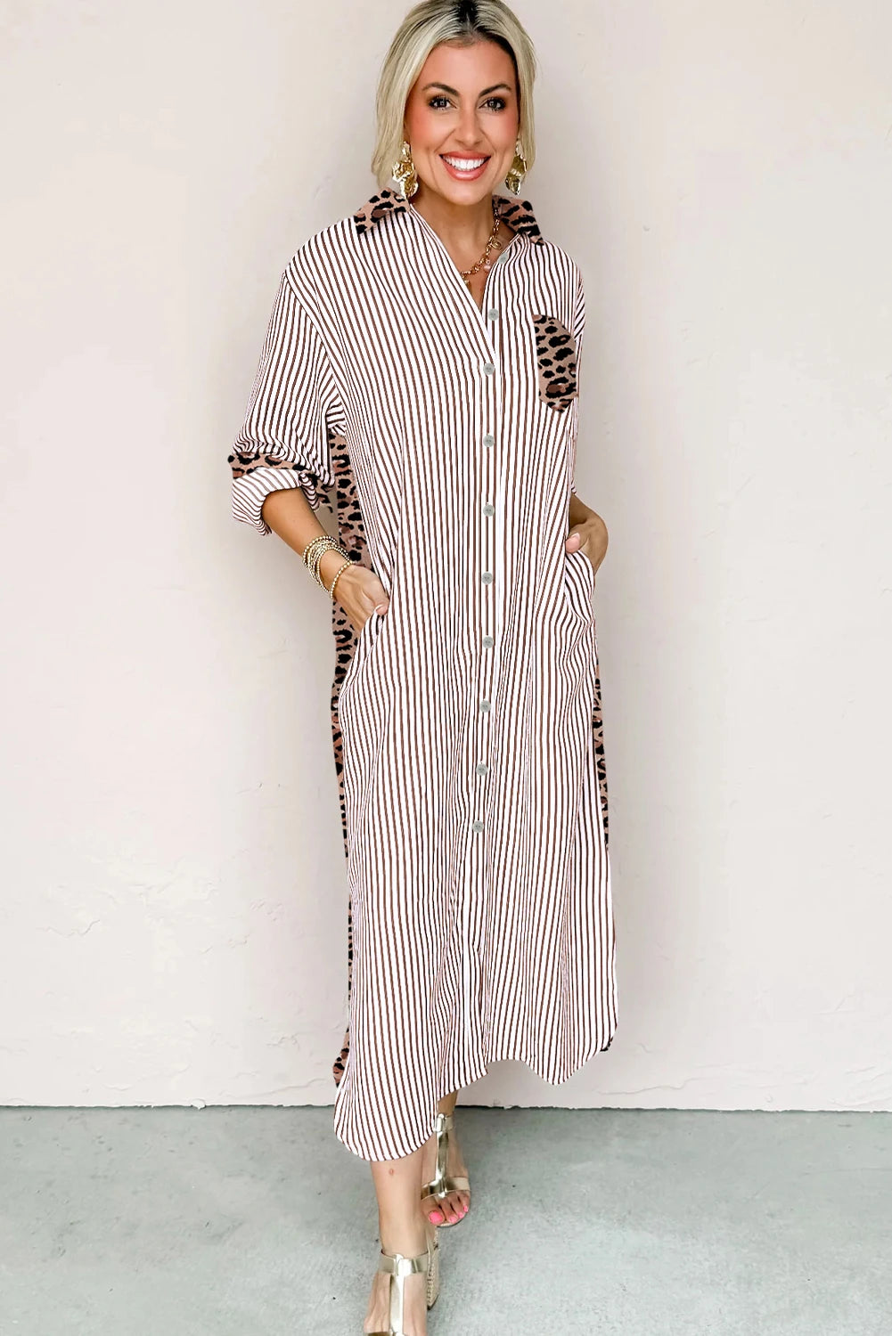 Brown Stripe Contrast Leopard Patchwork Long Shirt Dress with Slits