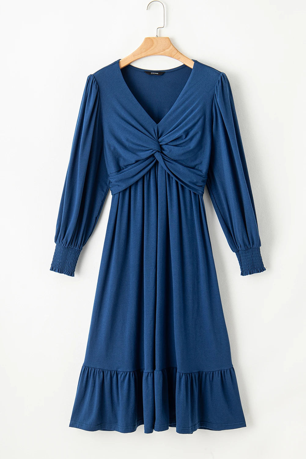 Sail Blue Solid Color Front Twist Puff Sleeve Ruffled Dress