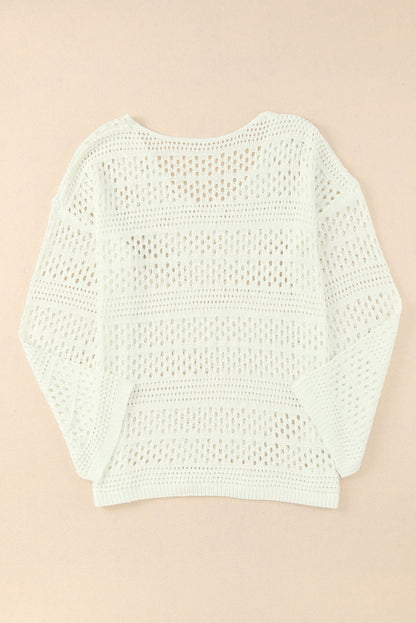 White Hollow Out Crochet V Neck Pullover Sweater