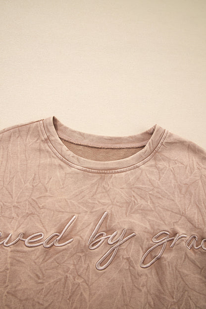 Saved by grace Letter Embroidery Mineral Wash Loose Sweatshirt
