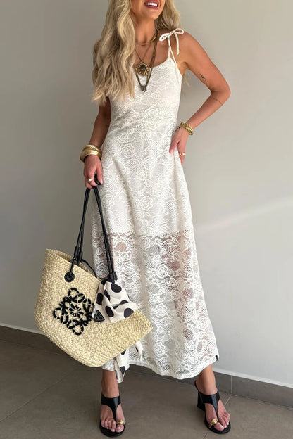 White Tie Spaghetti Straps Floral Lace Overlay Long Dress