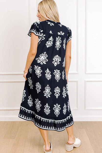 Blue Western Ethnic Print Notched Neck Short Sleeve Midi Dress