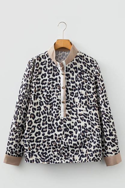 Multicolour Leopard Print Contrast Patchwork Cuffs Button Collared Top