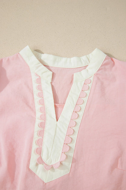 Scallop Color Block Trim Puff Sleeve Mini Dress