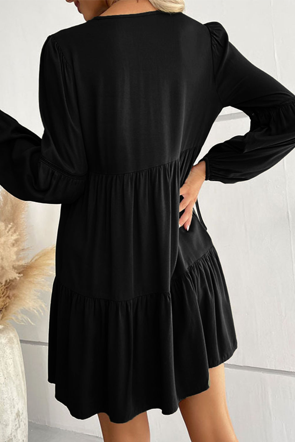 Lace Puff Sleeve Buttoned Tiered Ruffled Mini Dress