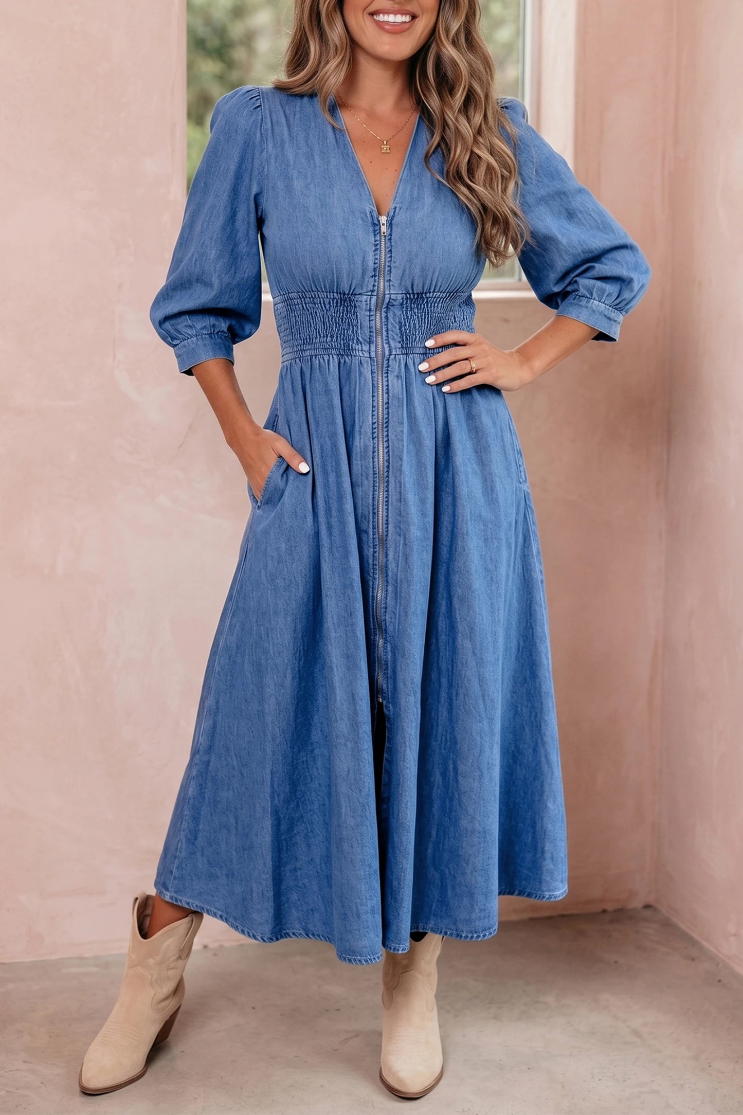 Blue V Neck Shirred Waist Metal Zipper Denim Midi Dress