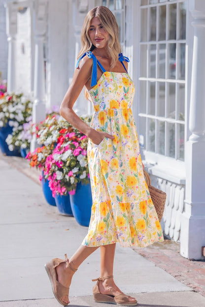 Floral Print Contrast Stitched Knot Denim Straps High Waist Dress
