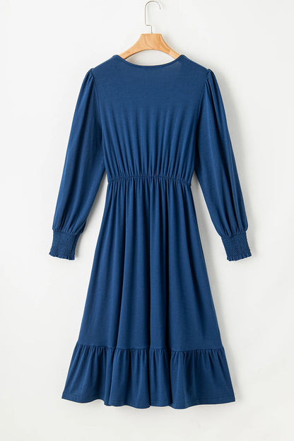 Sail Blue Solid Color Front Twist Puff Sleeve Ruffled Dress