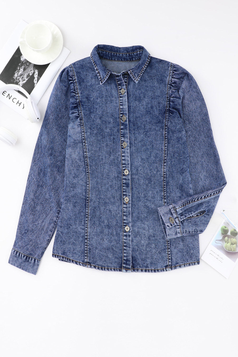 Puff Sleeve Button-Up Denim Jacket