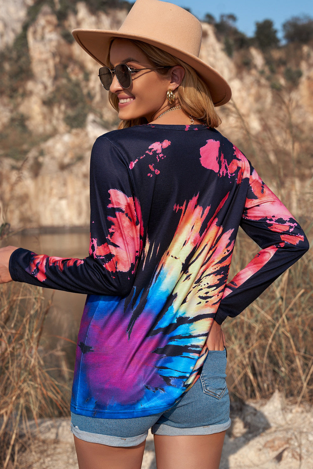 Rainbow Color Tie Dye Cut-out Long Sleeve Blouse