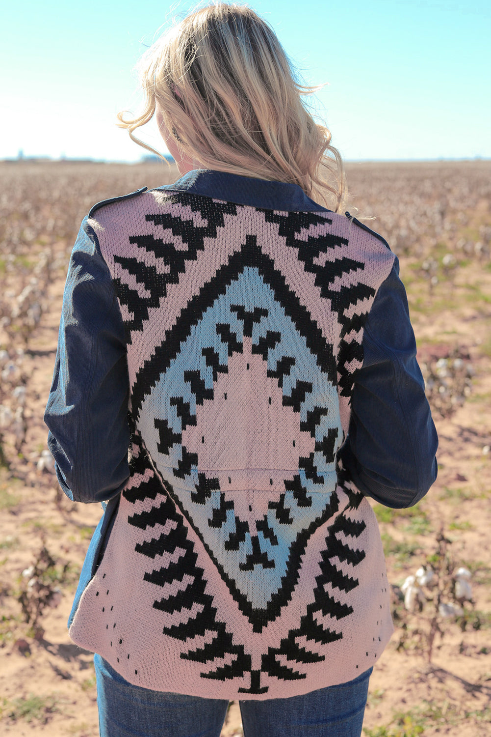 Blue Corduroy Cinched Aztec Back Jacket