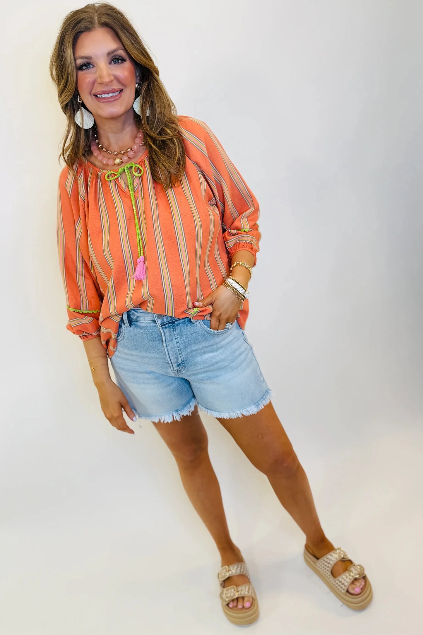 Orange Stripe Tassel Tie Neck Bracelet Sleeve Cotton Blouse