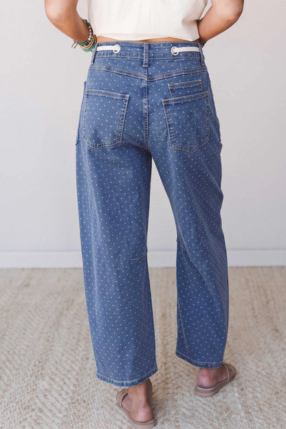 Blue Casual Polka Dot Ankle-Length Drawstring Jeans