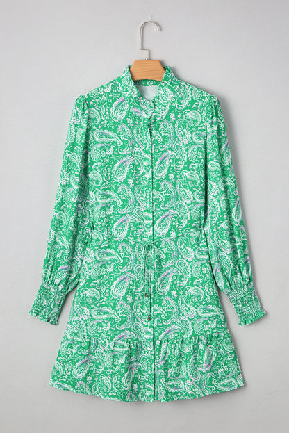 Green Paisley Print Long Sleeve Button Front Tied Waist Mini Dress