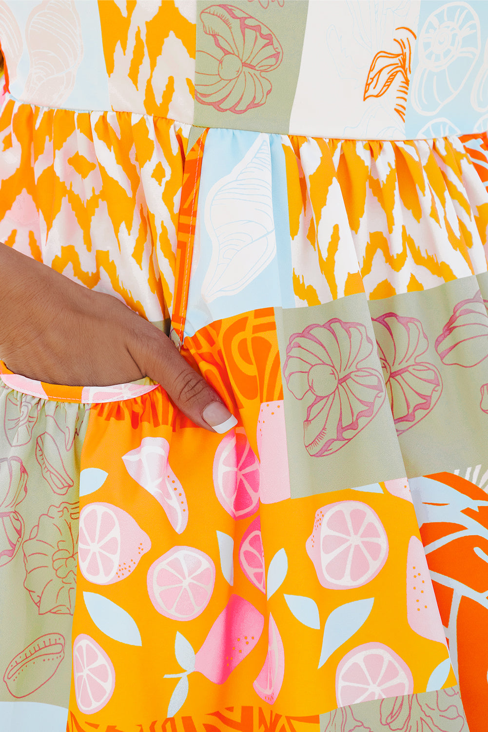 Orange Seashell Patchwork Print Self-tie Flowy Sundress