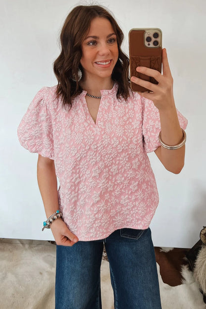 Floral Textured Jacquard Puff Sleeve Blouse