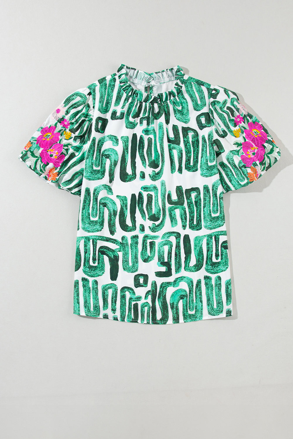 Blackish Green Embroidered Puff Sleeve Frilled Neck Printed Top