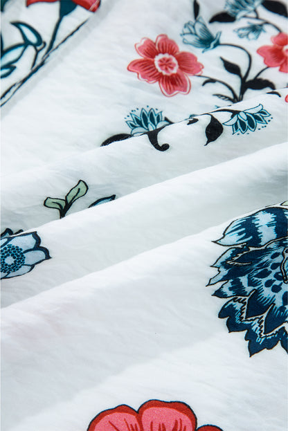 White Floral Print Frilled Collar V Neck Button Down Long Sleeve Shirt
