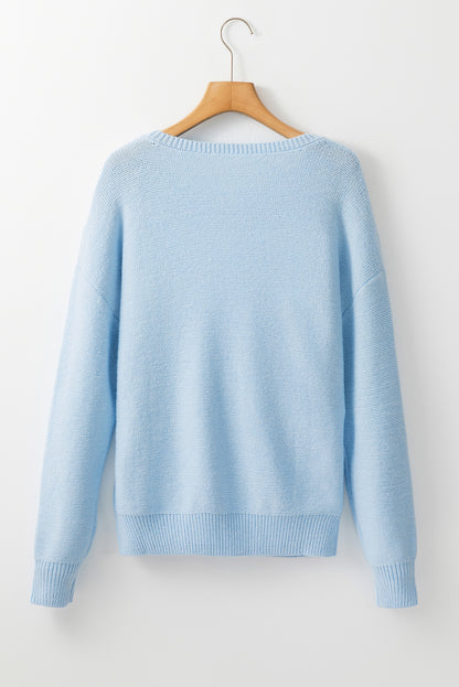 Knitted Flower Pattern Ribbed Edge Sweater
