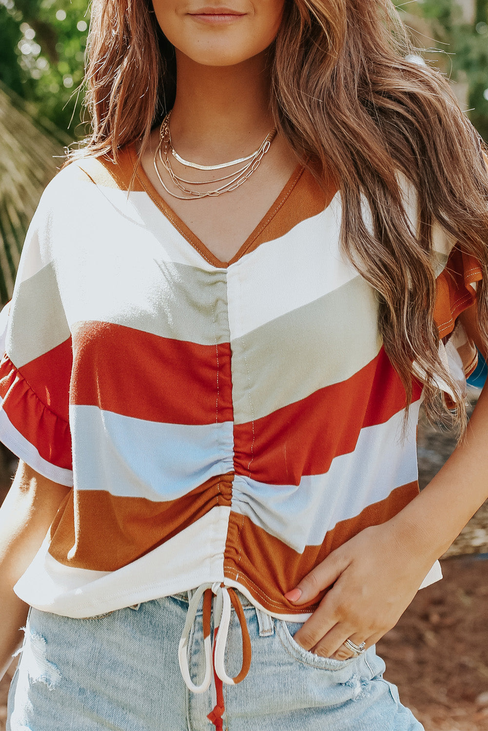 Multicolor Stripe V-Neck Ruffle Sleeve Ruched Top