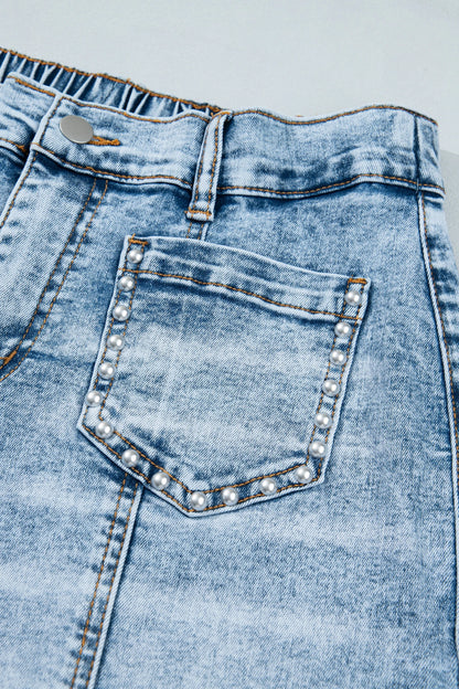 Beau Blue Frayed Studded Detail Wide Leg Pocketed Jeans