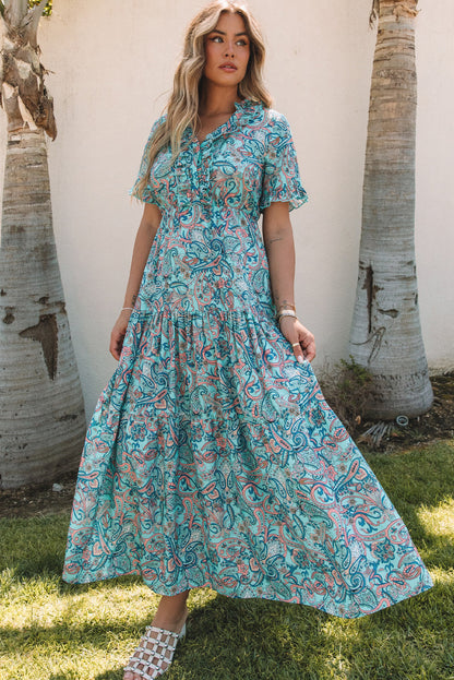 paisley printed boho ruffle maxi dress reviews CUPSHE Women's Boho Paisley Maxi Dress V Neck Cap Sleeve Smocked Ruffled A Line Long Summer Dresses Green Paisley, S at Amazon Women's Clothing store