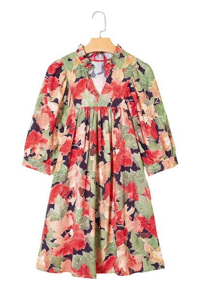 Green Floral Print Frilled Collar V Neck Half Sleeve Mini Dress