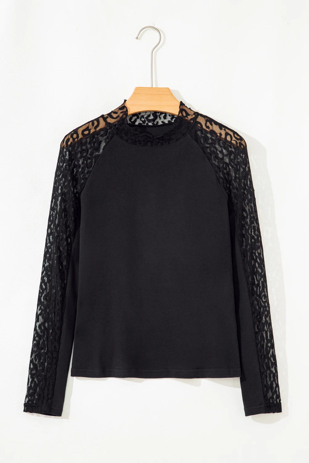 Black Leopard Mesh Patchwork Knit Long Sleeve Top