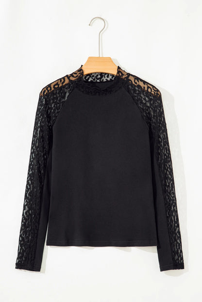 Black Leopard Mesh Patchwork Knit Long Sleeve Top