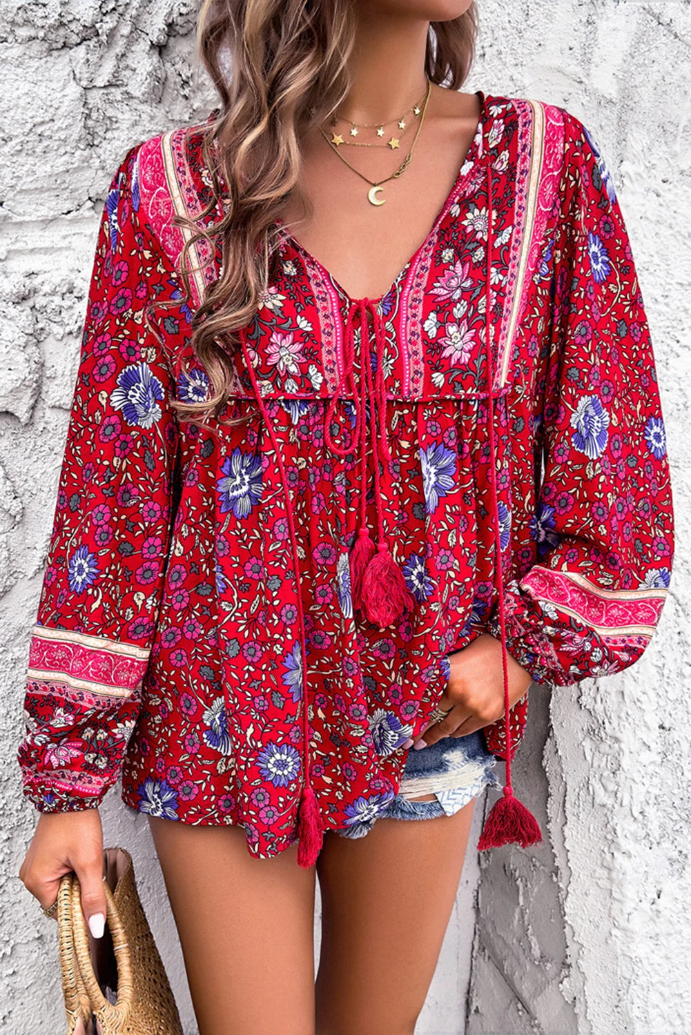 Bohemian Floral Print Tassel Tie Front Long Sleeve Blouse