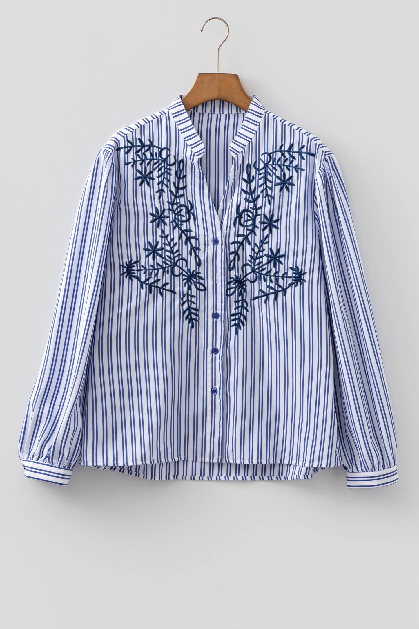 Blue Stripe Embroidered Detail Button Front Long Sleeve Shirt