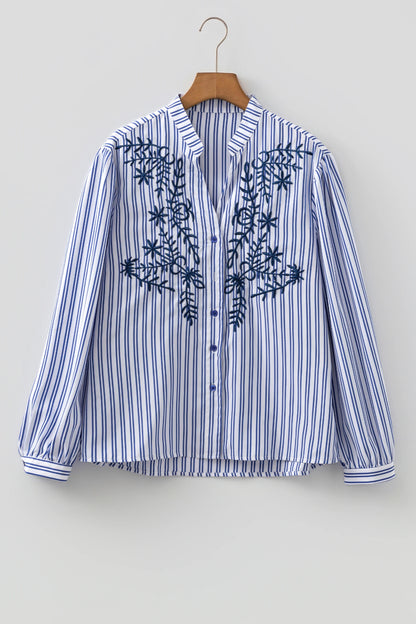 Blue Stripe Embroidered Detail Button Front Long Sleeve Shirt