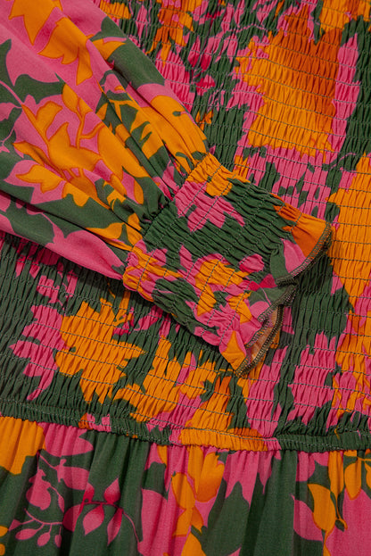Orange Floral Puff Sleeve Smocked Bodice Ruffled Long Dress